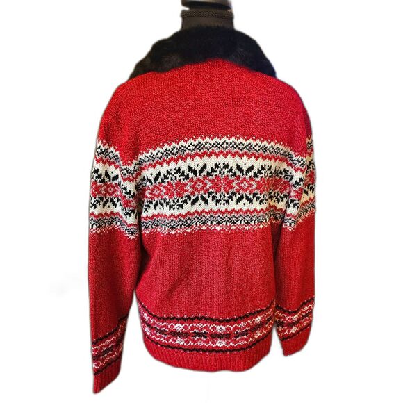 Vintage Carolyn Taylor Red Nordic Zip Up Christmas Sweater Faux Fur Collar Sz L - Picture 4 of 10